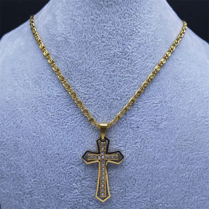 Colar Crucifixo Dourado em Aço Inoxidável para Homens