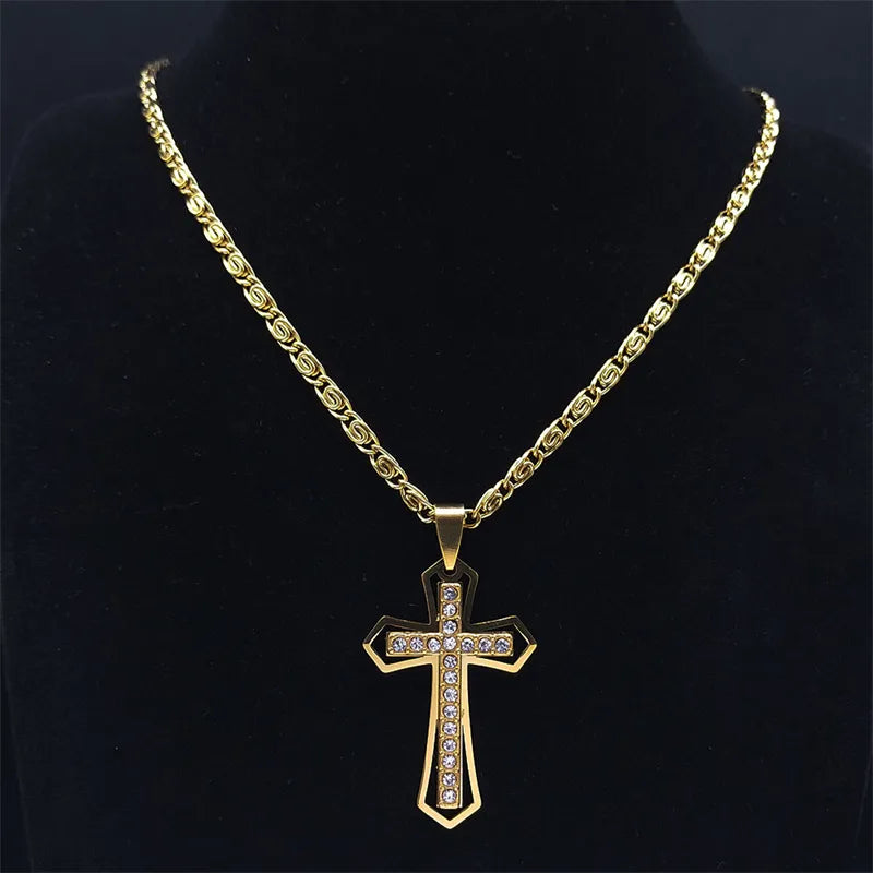 Colar Crucifixo Dourado em Aço Inoxidável para Homens
